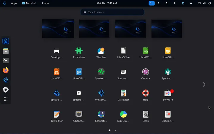 GNOME app overview on dark Spectre desktop, first page