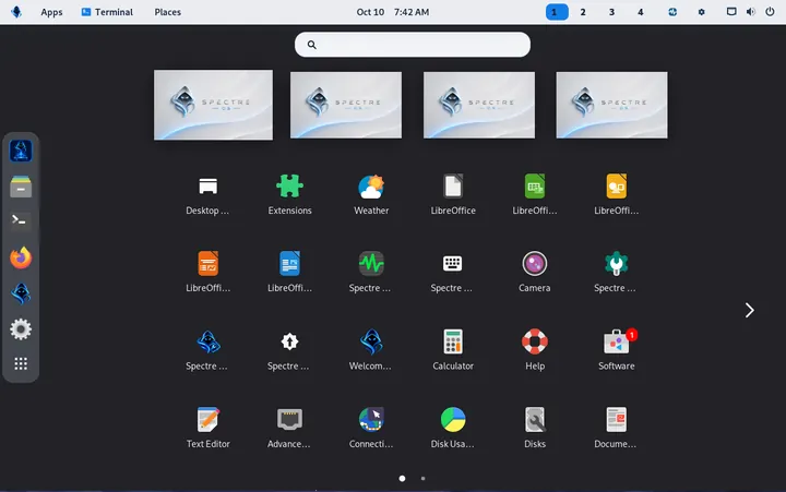 GNOME app overview on light Spectre desktop, first page