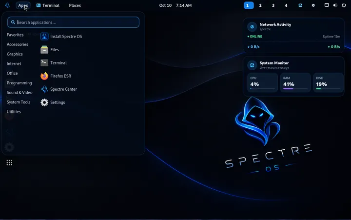 Spectre application launcher on dark desktop